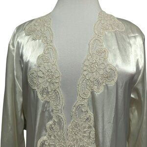 Jones New York Ivory Satin Lace Trimmed Wrap Robe Sz  XS/S Maxi Bridal Pockets